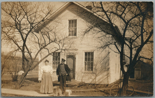 FAMILY COUPLE w/ DOGS & BICYCLE ANTIQUE REAL PHOTO POSTCARD RPPC