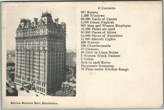 PHILADELPHIA PA BELLEVUE STRATFORD HOTEL ANTIQUE POSTCARD