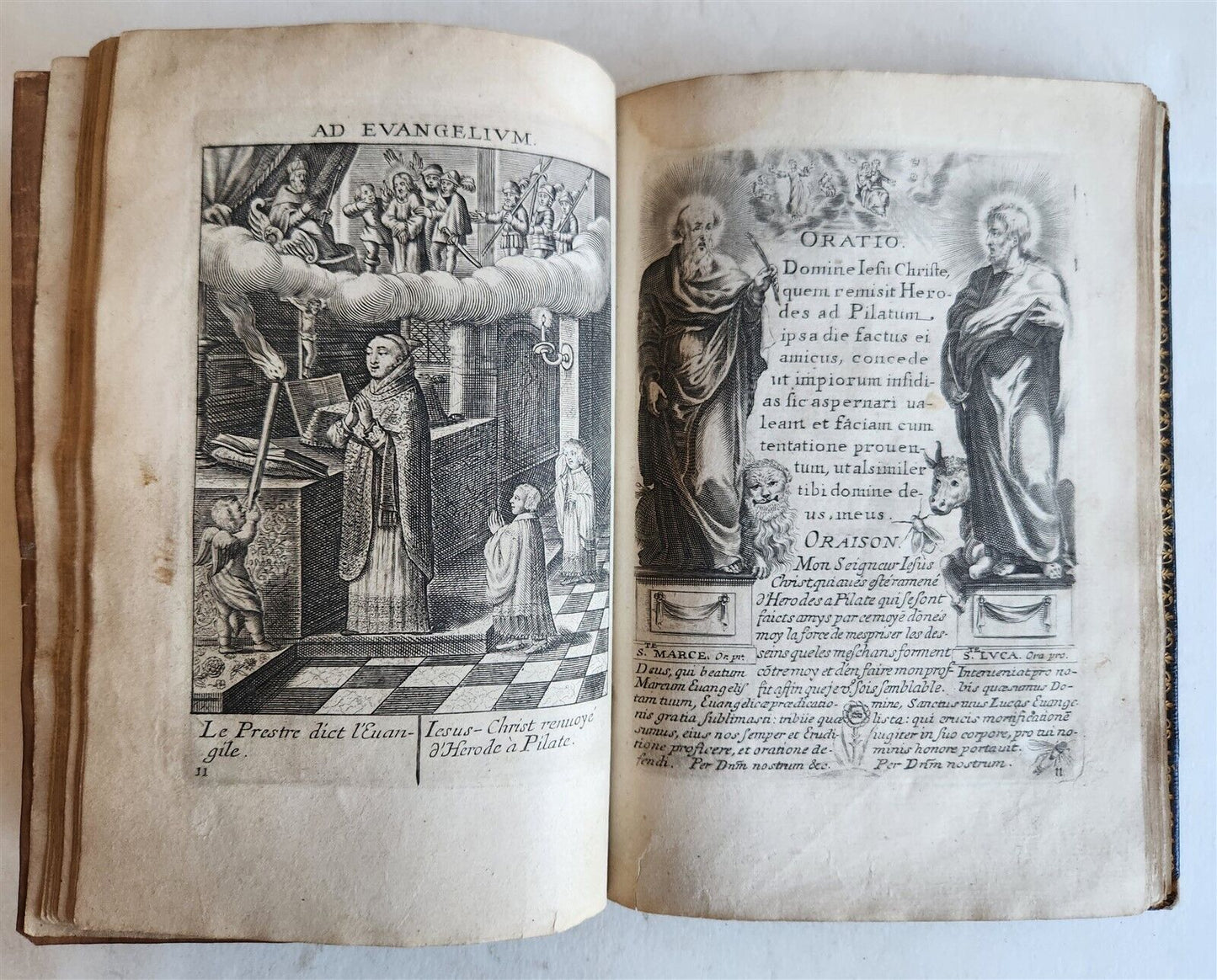 1651 PRAYER BOOK in FRENCH & LATIN BEAUTIFULLY ILLUSTRATED antique FINE BINDING