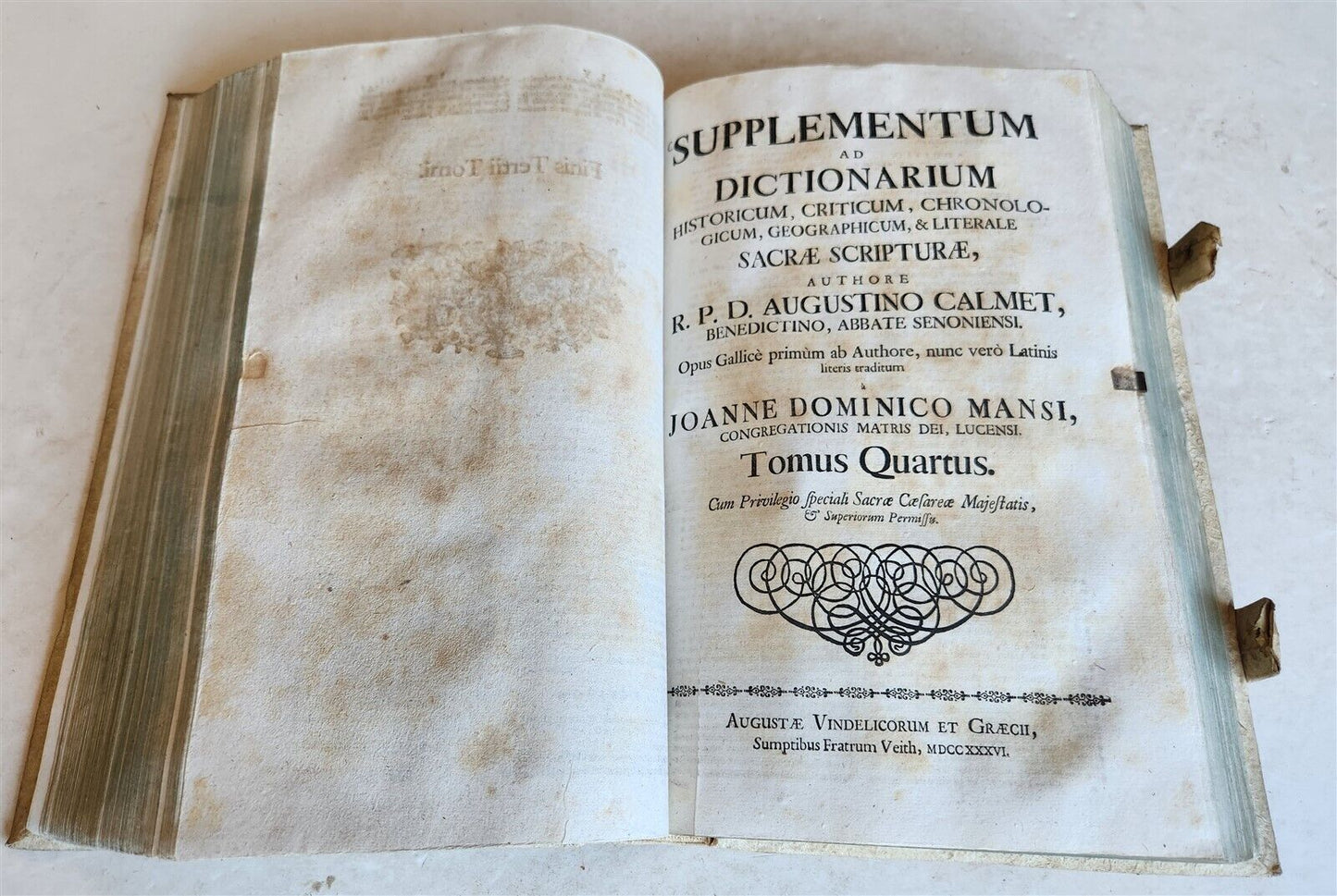 1736 AUGUSTINO CALMET antique BLIND STAMPED PIGSKIN BOUND FOLIO