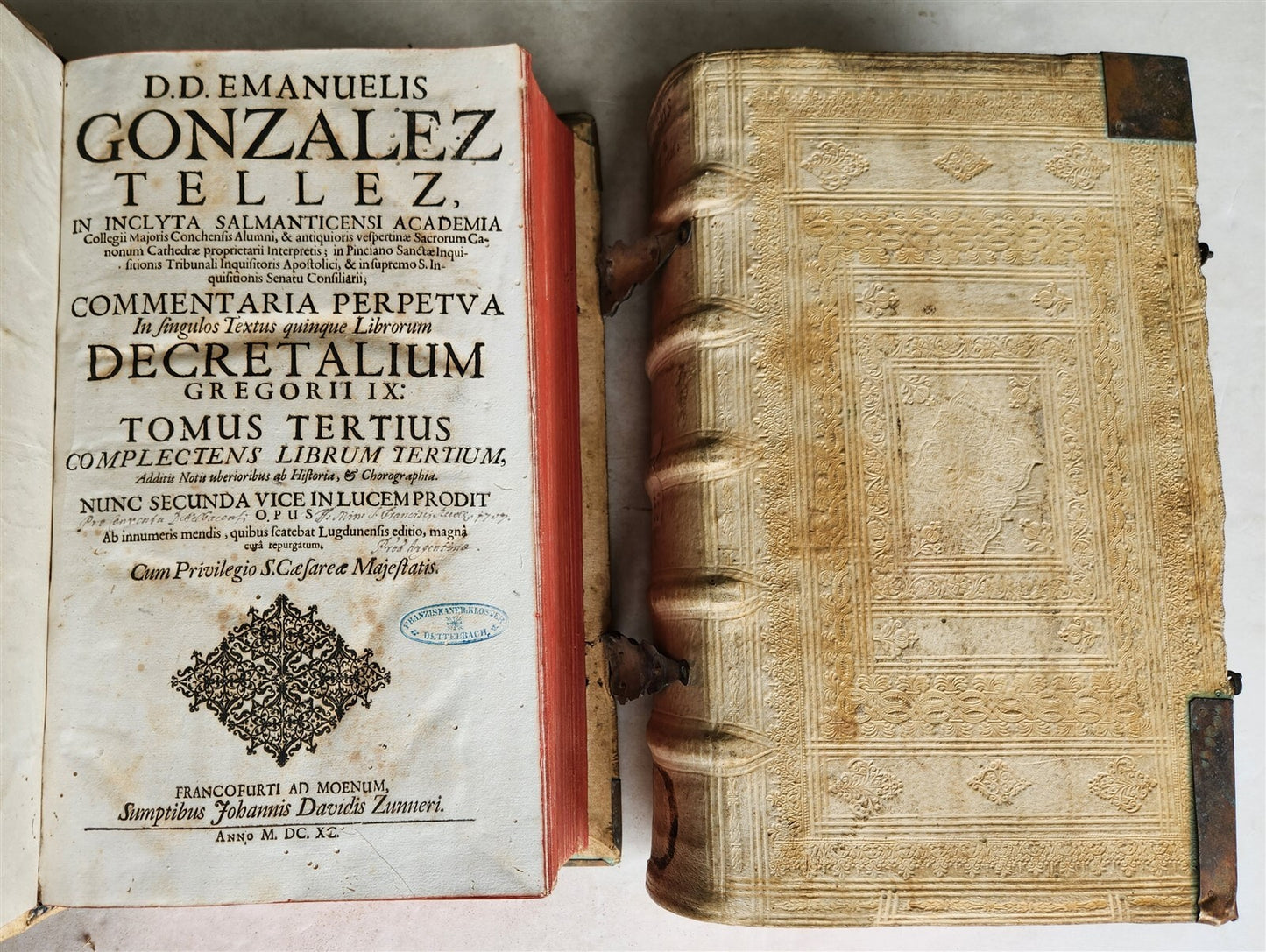 1690 PIGSKIN BOUND 4 FOLIO LAW BOOKS antique by D. D. Emanuelis Gonzalez Tellez