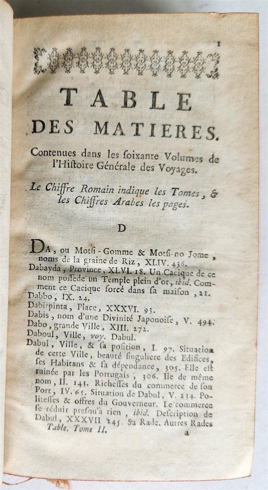 1761 HISTOIRE des VOYAGES antique vol.62 ALPHABETICAL INDEX D - K