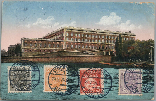 STOCKHOLM SLOTTET ANTIQUE POSTCARD w/ STAMPS