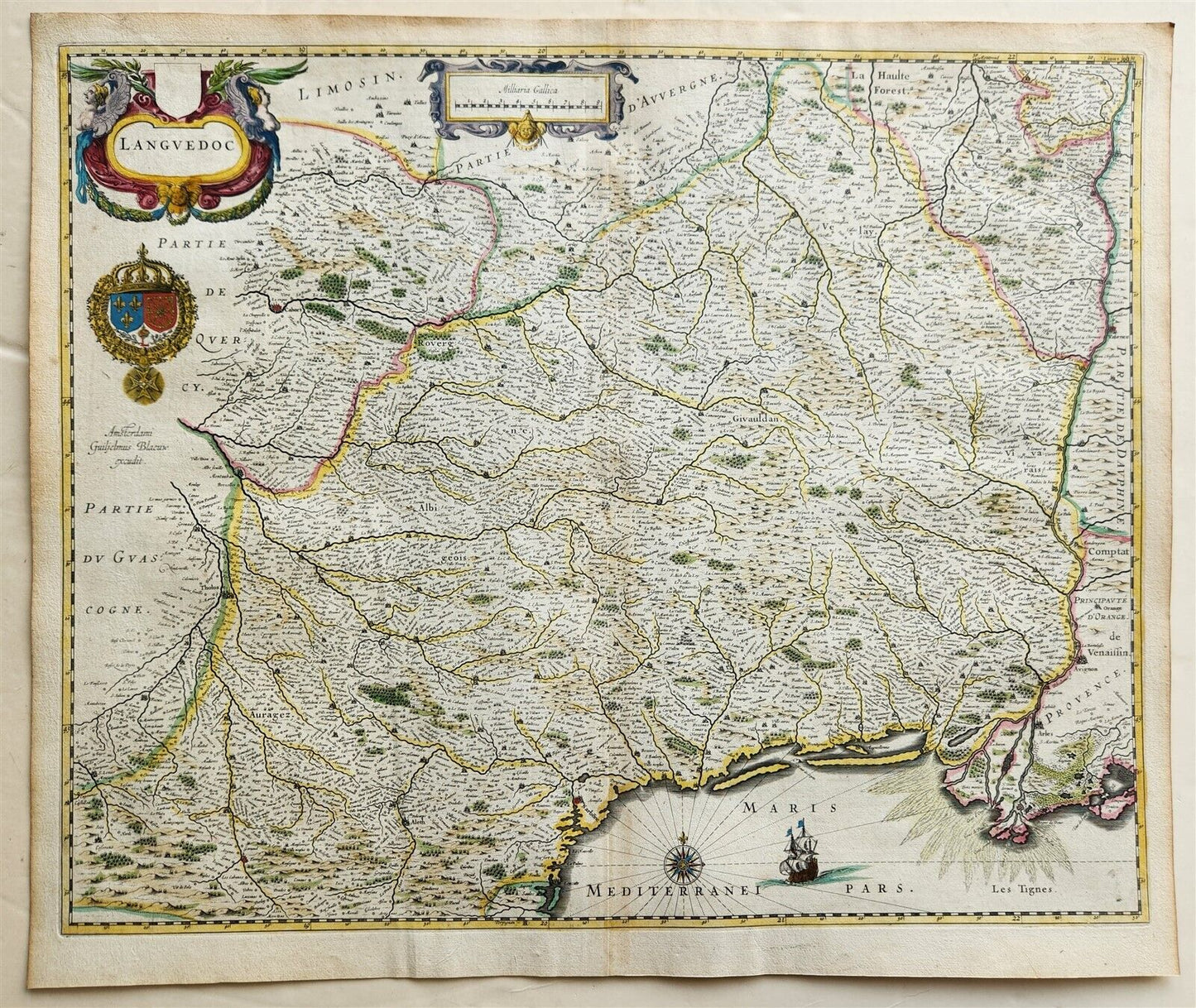 1640 MAP of FRANCE LANGUEDOC by WILLEM BLAEU antique AUTHENTIC hand colored
