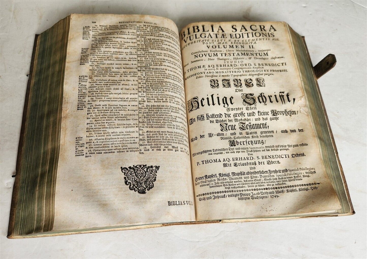 1749 BIBLE in GERMAN & LATIN antique HAND TOOLED PIGSKIN BOUND FOLIO