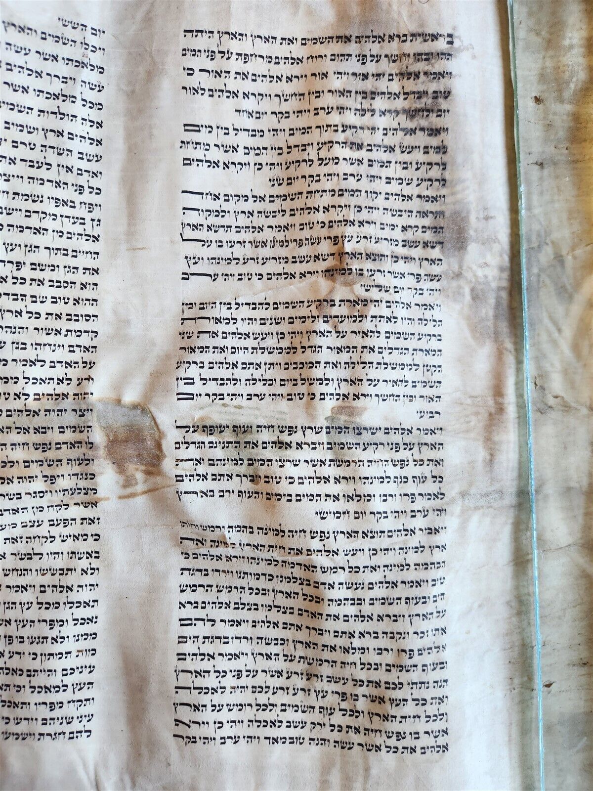 TORAH SCROLL FRAGMENT MANUSCRIPT on VELLUM antique BIBLE CREATION of the WORLD