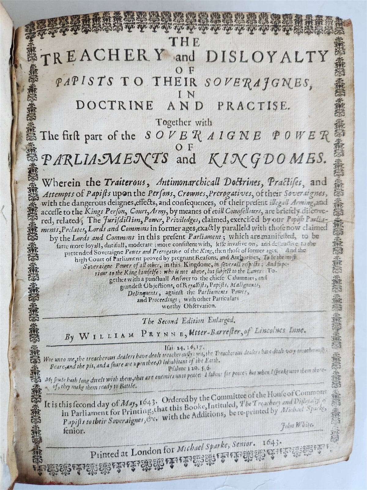 1643 TREACHERY & DISLOYALTY of PAPISTS to THEIR SOVEREIGNES antique in ENGLISH