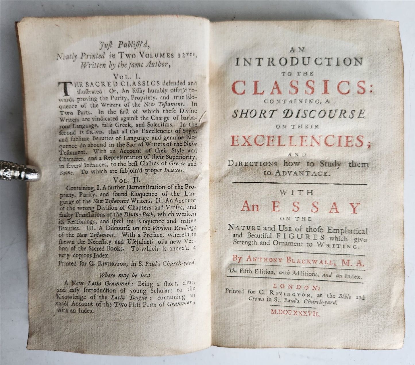1737 INTRODUCTION TO THE CLASSICS antique by Anthony Blackwall in ENGLISH