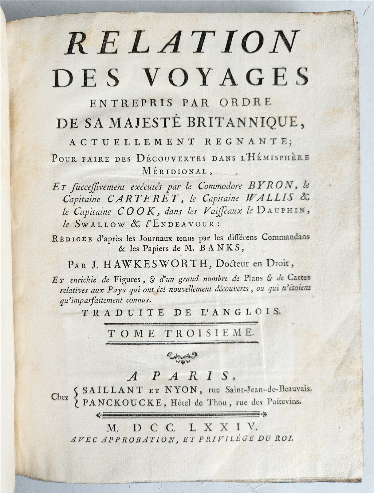 1774 RELATION des VOYAGES by J.HAWKESWORTH antique CAPT. JAMES COOK Vol. III