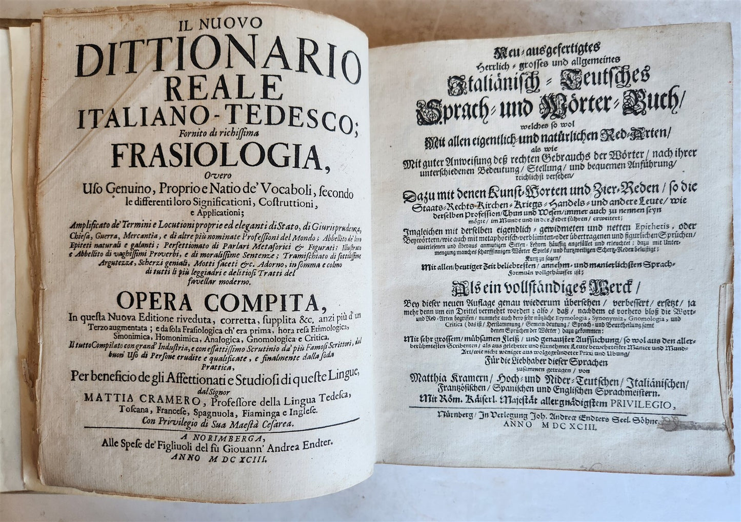 1693 ITALIAN GERMAN DICTIONARY by M. CRAMER antique VELLUM BOUND