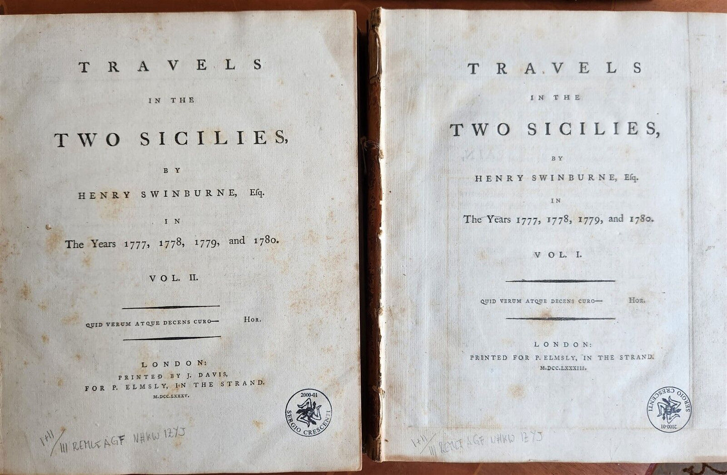 1783-1785 TRAVELS in the TWO SICILIES by HENRY SWINBURNE antique