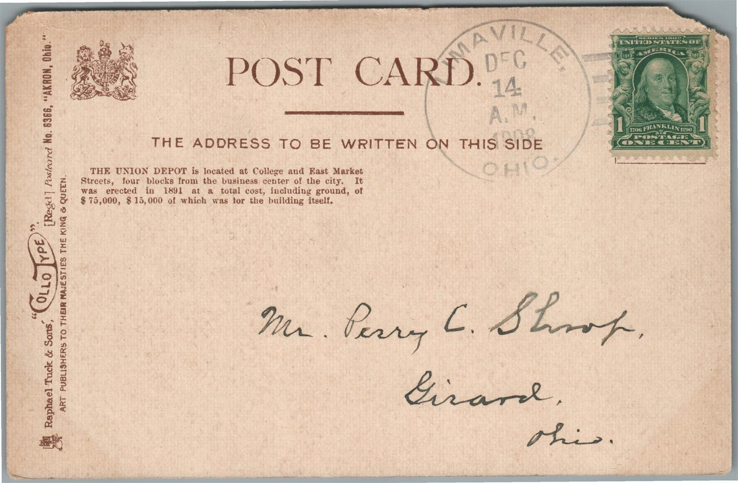 AKRON OH UNION RAILROAD STATION RAILWAY DEPOT 1908 ANTIQUE POSTCARD