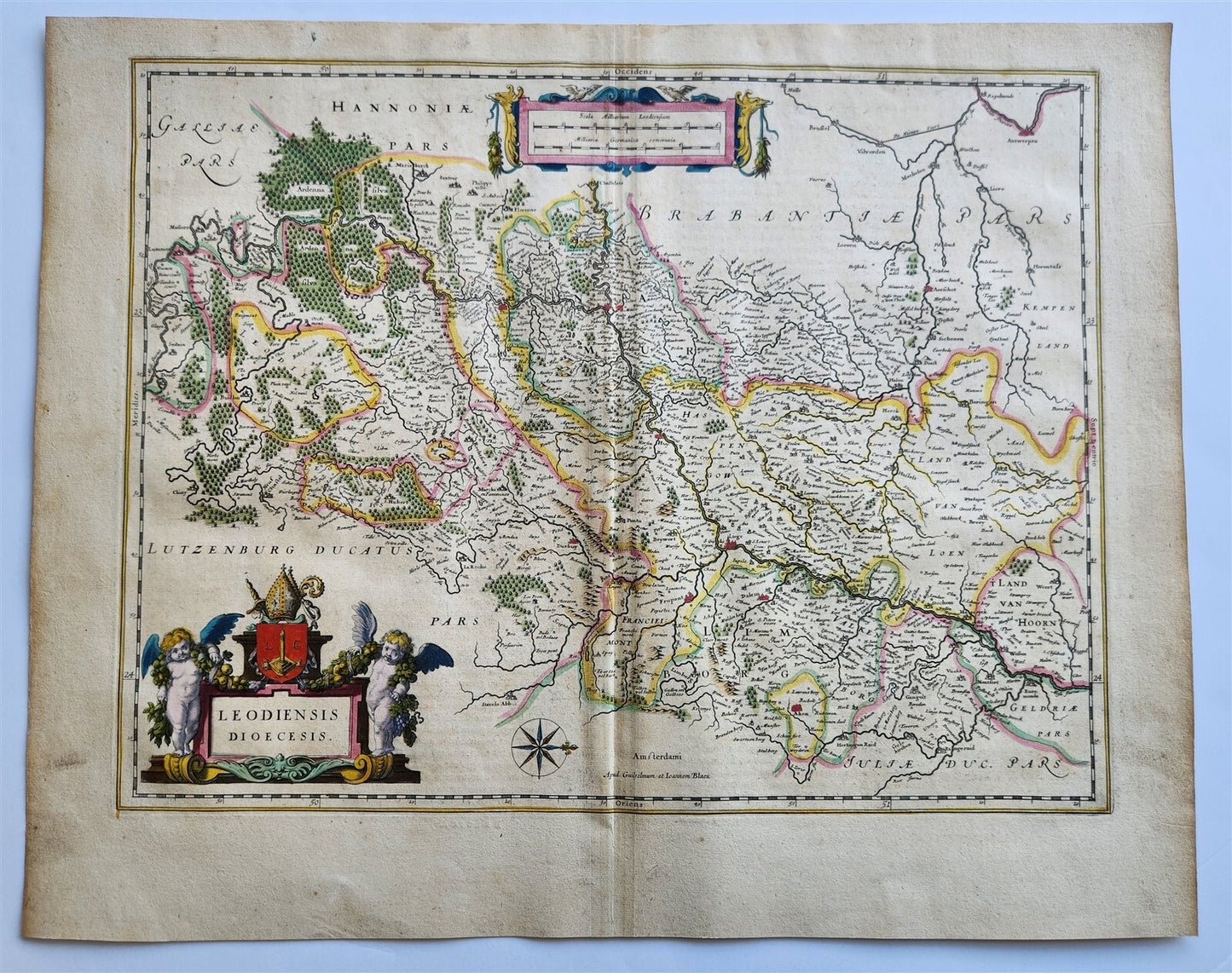 1640 LIEGE BELGIUM MAP by WILLEM BLAEU antique AUTHENTIC hand colored