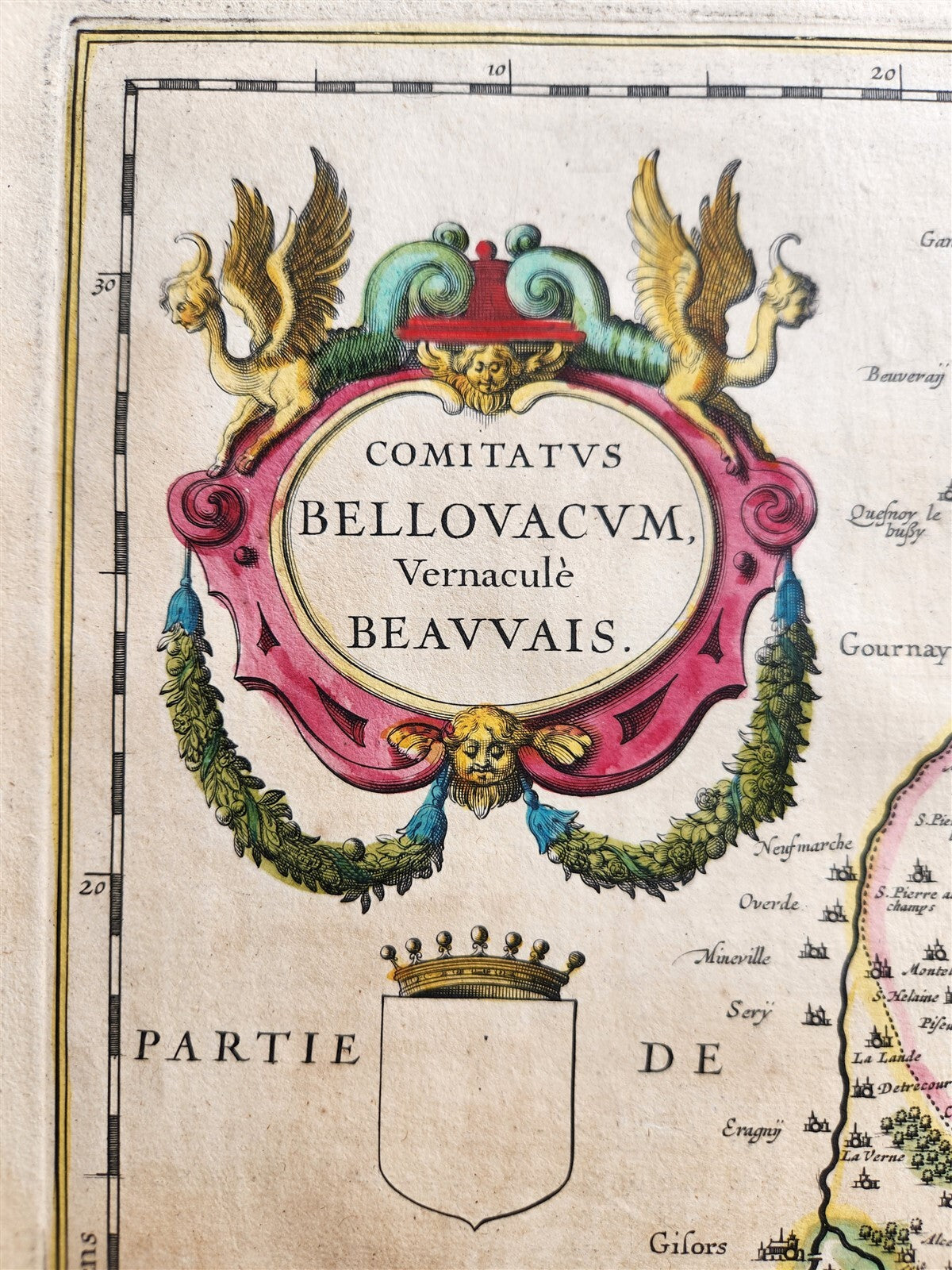 1640 MAP of BEAUVAIS REGION FRANCE by WILLEM BLAEU antique AUTHENTIC handcolored
