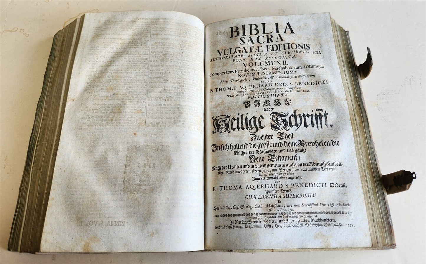 1737 BIBLE in GERMAN & LATIN antique MASSIVE FOLIO PIGSKIN BOUND 10 x 15"