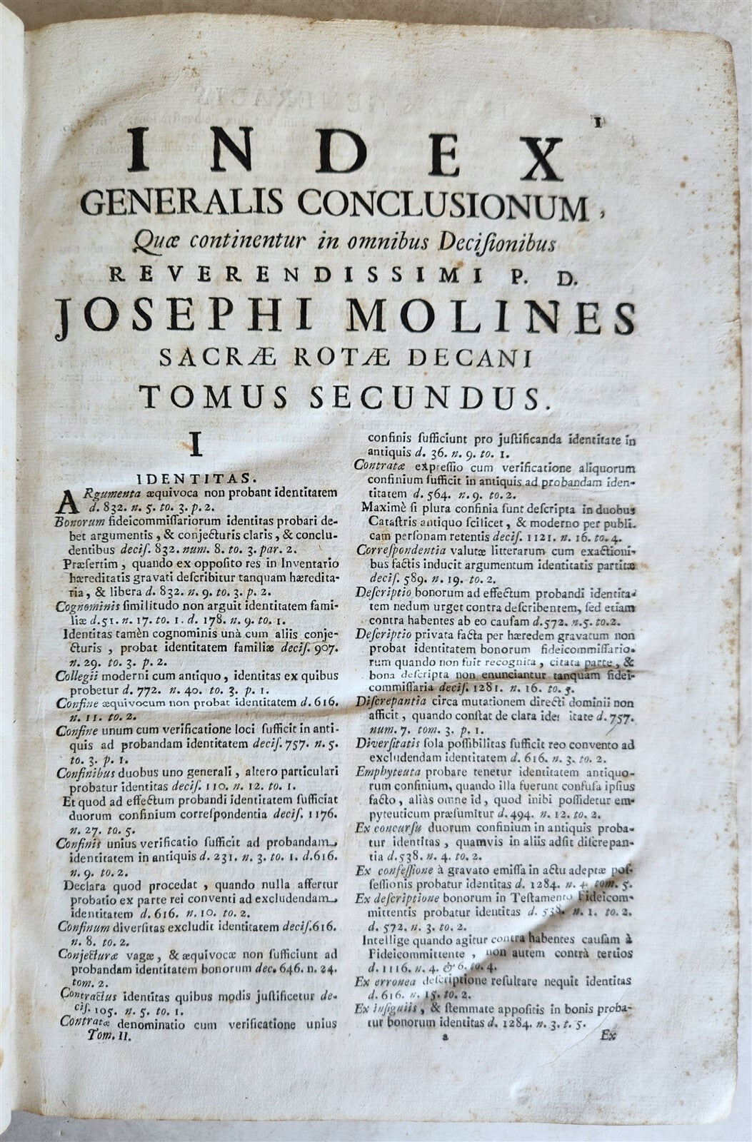 1720s LAW BOOK INDEX GENERALIS CONCLUSIONUM antique VELLUM BOUND FOLIO Vol. II