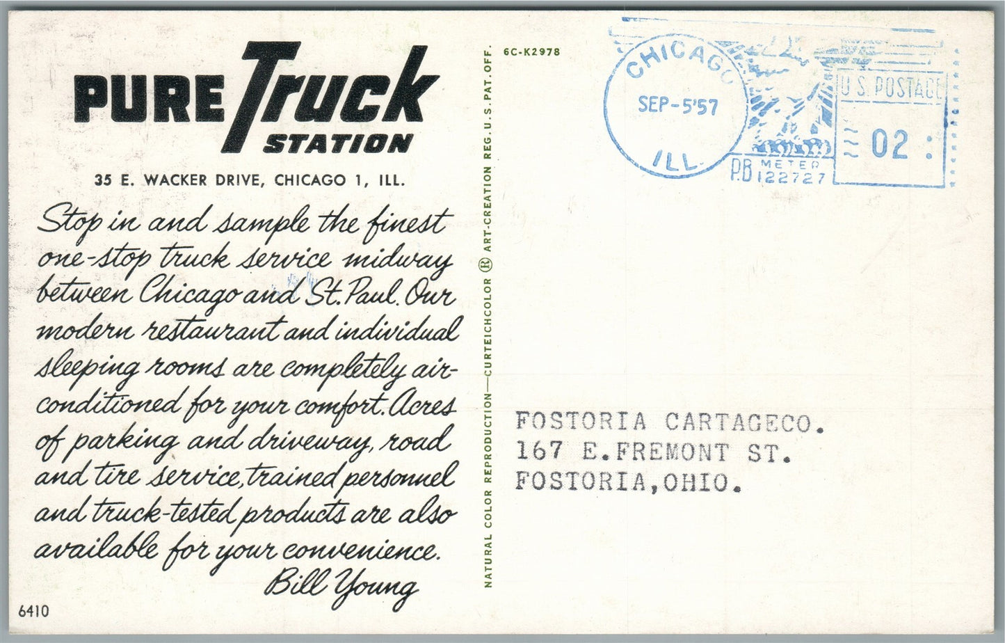 MAUSTON WI YOUNG'S TRUCK & GAS STATION VINTAGE POSTCARD
