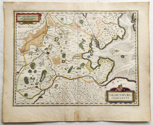 1640 MAP of GERMANY OLDENBURG CO. by WILLEM BLAEU antique AUTHENTIC hand colored