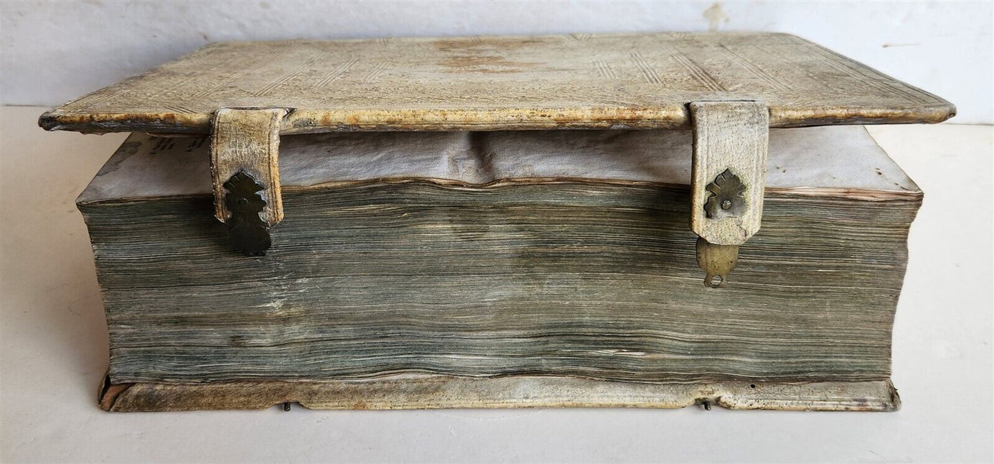 1737 BIBLE in GERMAN & LATIN antique MASSIVE FOLIO PIGSKIN BOUND 10 x 15"