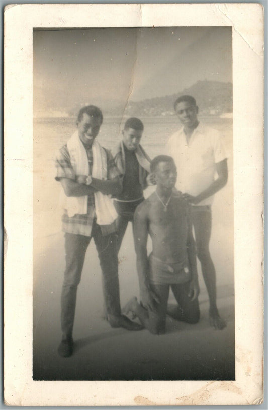 YOUNG MEN on THE BEACH BLACK AMERICANA ANTIQUE REAL PHOTO POSTCARD RPPC