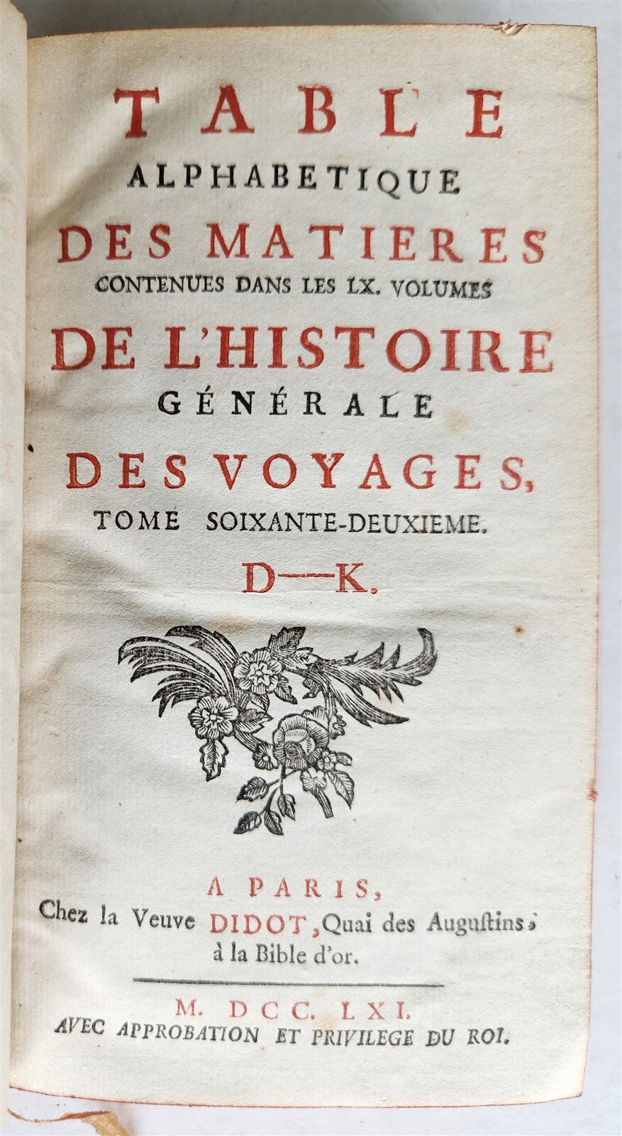 1761 HISTOIRE des VOYAGES antique vol.62 ALPHABETICAL INDEX D - K