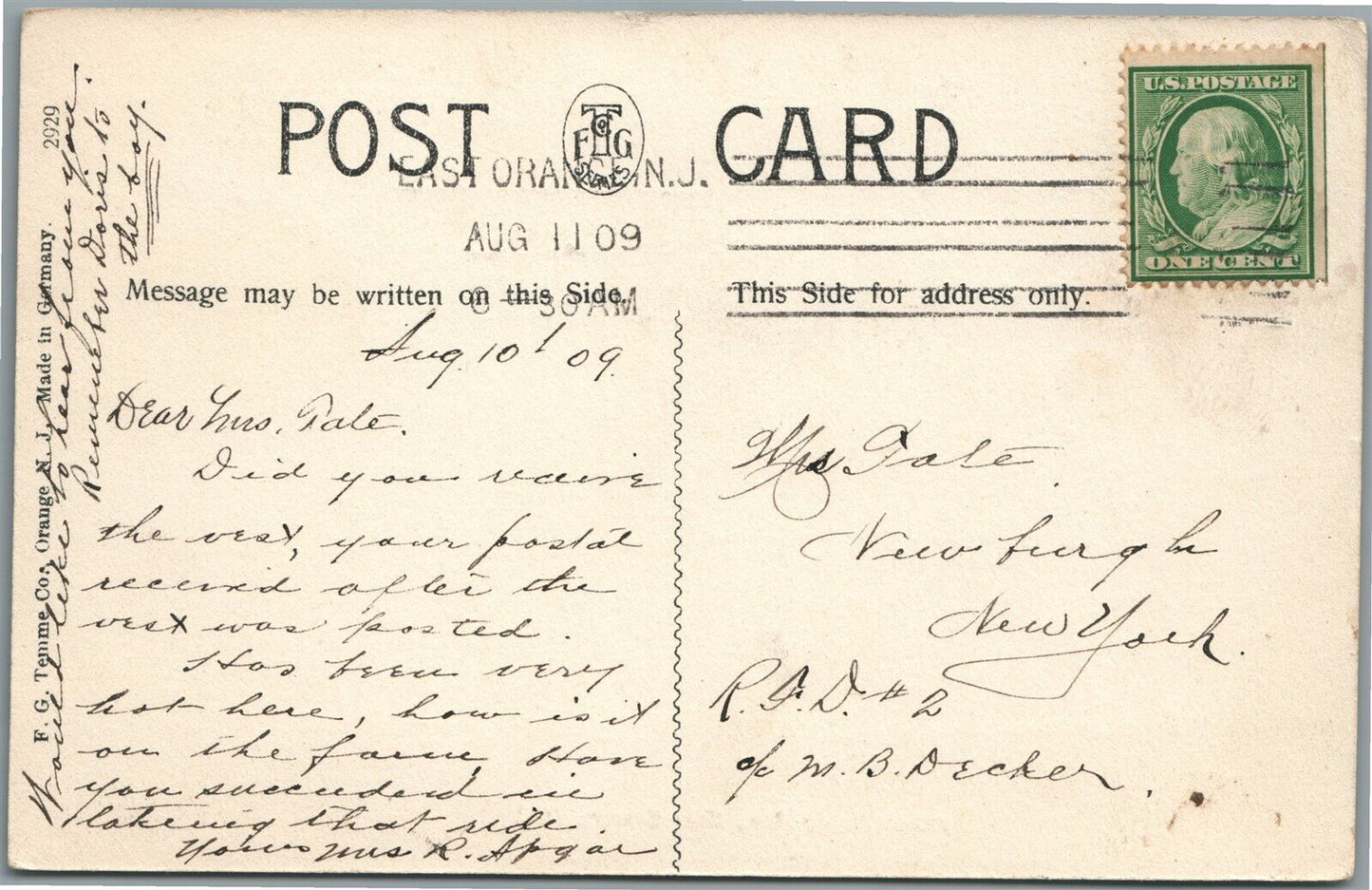 EAST ORANGE NJ NORTH MAPLE AVE. ANTIQUE POSTCARD