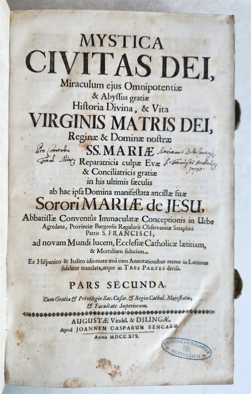 1719 MYSTICA CIVITAS DEI 3 PIGSKIN BOUND FOLIOS antique
