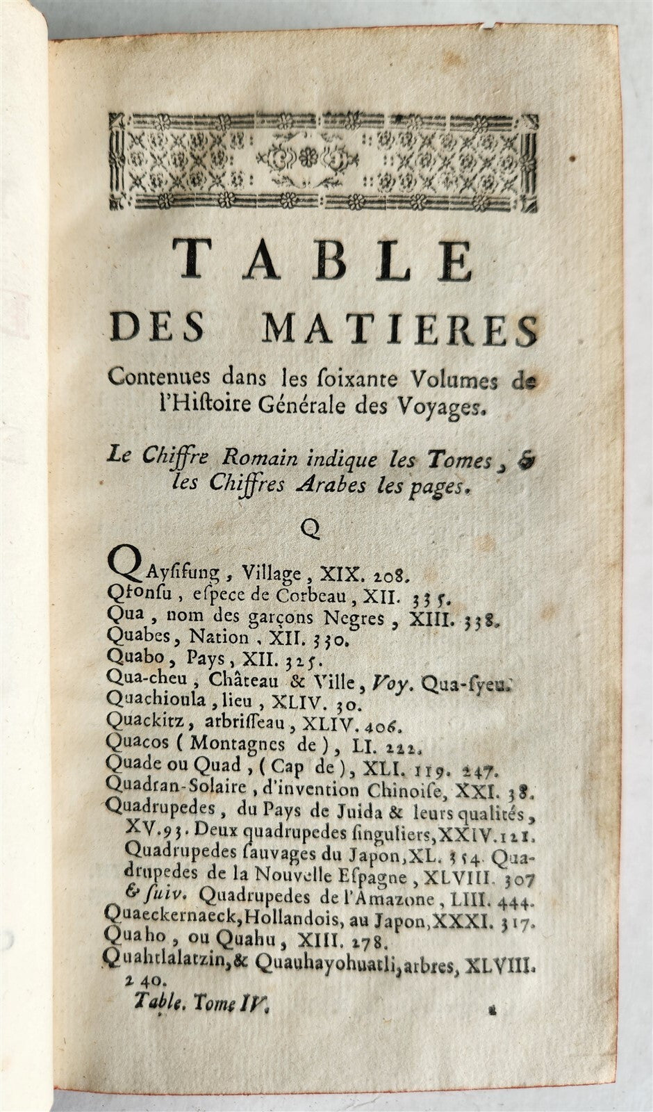 1761 HISTOIRE des VOYAGES antique vol.64 ALPHABETICAL INDEX Q-Z