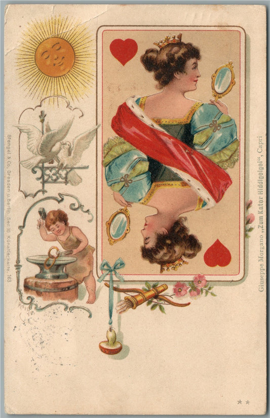 GAMBLING QUEEN of HEARTS VALENTINE ANTIQUE POSTCARD