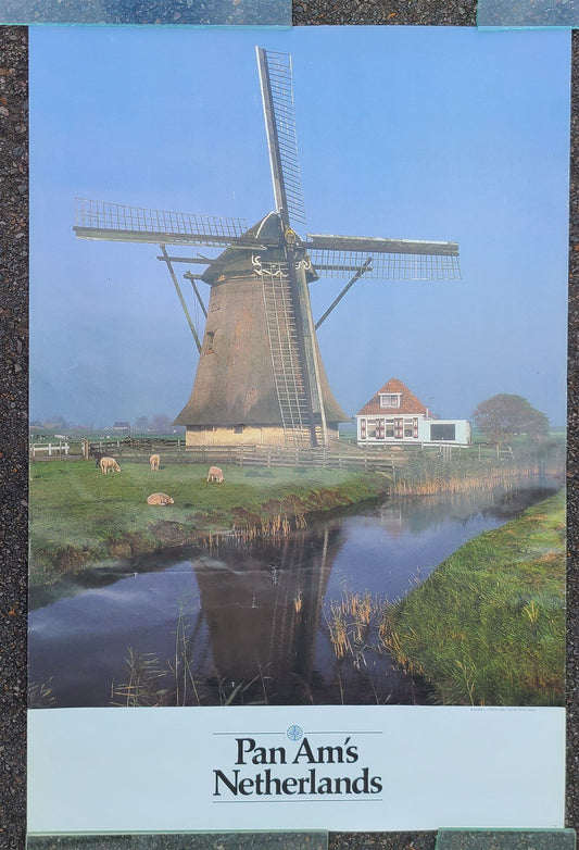 1970s NETHERLANDS PAN AM TRAVEL POSTER HOLLAND WINDMILL vintage 28 by 42"