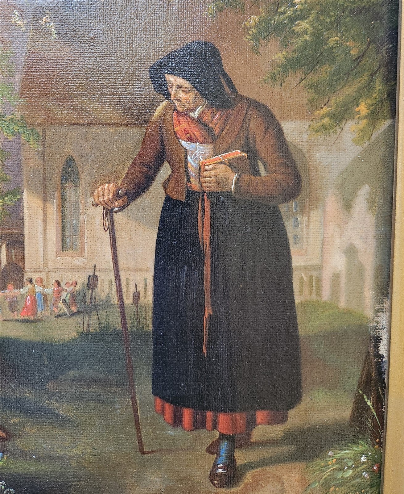 19TH century ANTIQUE PAINTING framed OLD LADY with KIDS