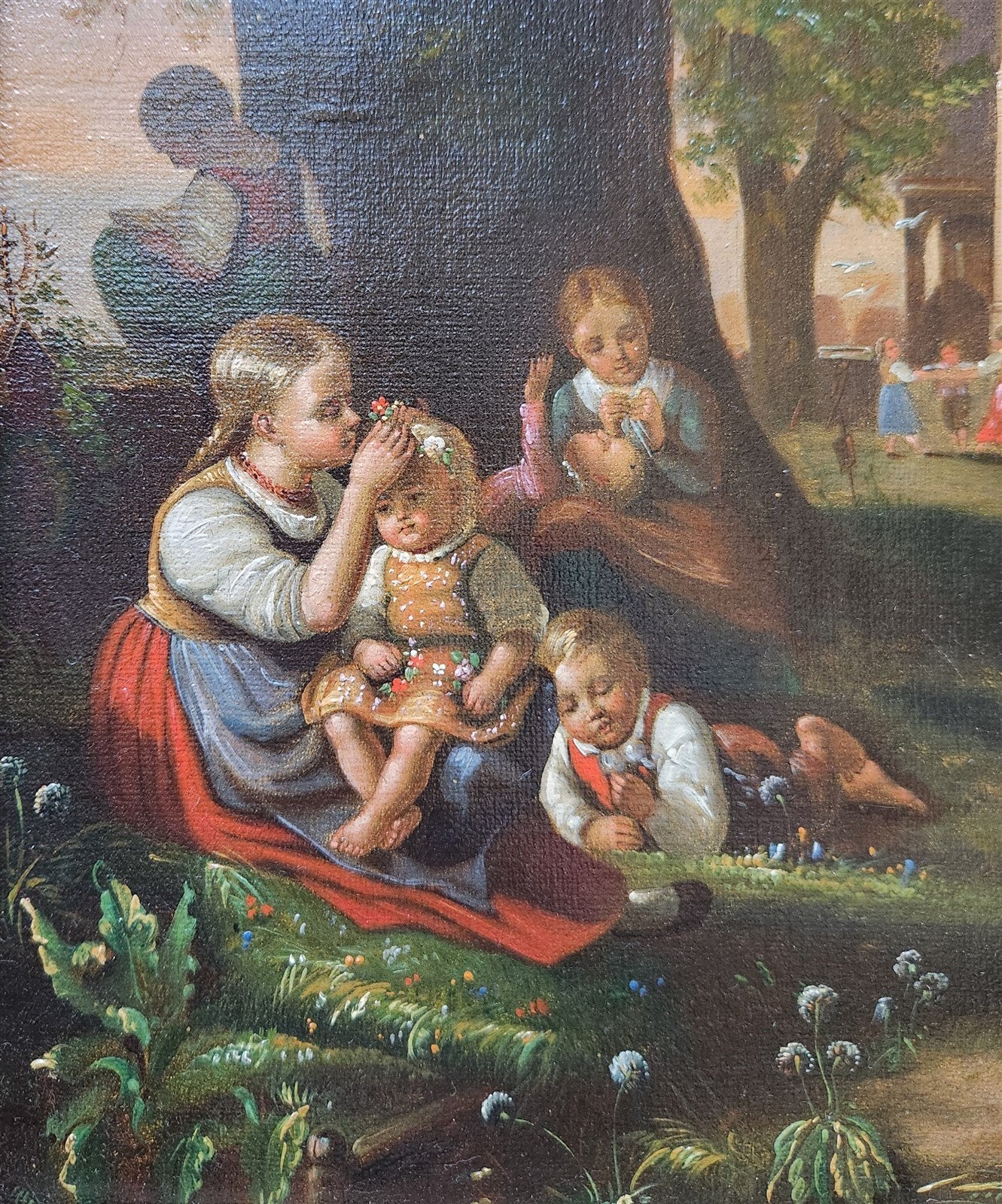 19TH century ANTIQUE PAINTING framed OLD LADY with KIDS