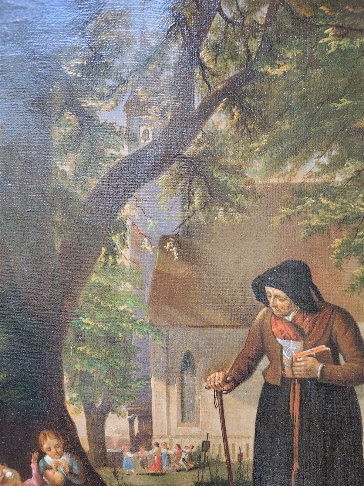 19TH century ANTIQUE PAINTING framed OLD LADY with KIDS