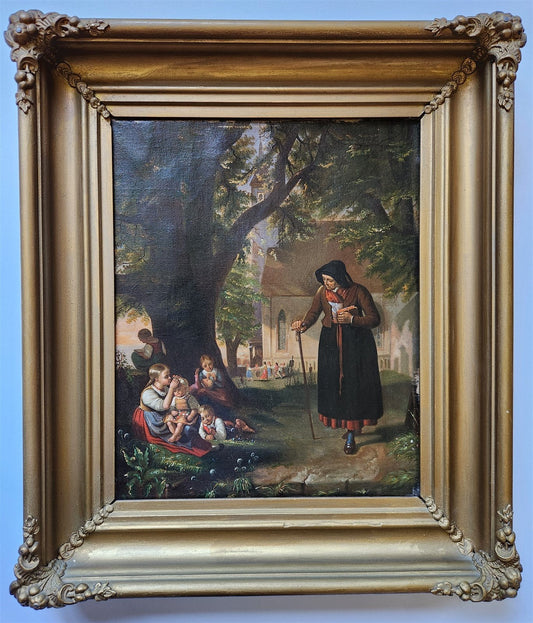 19TH century ANTIQUE PAINTING framed OLD LADY with KIDS
