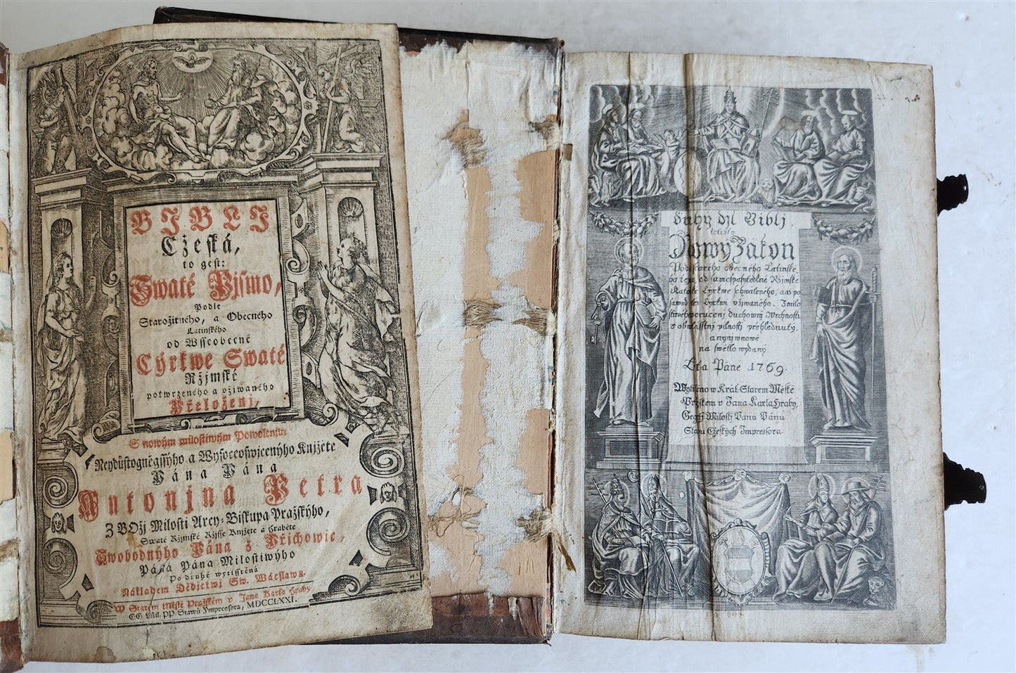 1769 BIBLE in CZECH ILLUSTRATED 2 FOLIO VOLUMES antique
