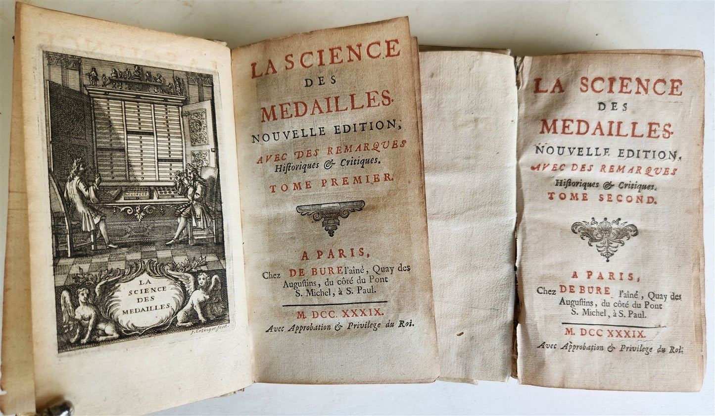 1739 LA SCIENCE des MEDAILLES antique 2 ILLUSTRATED VOLUMES VELLUM BOUND