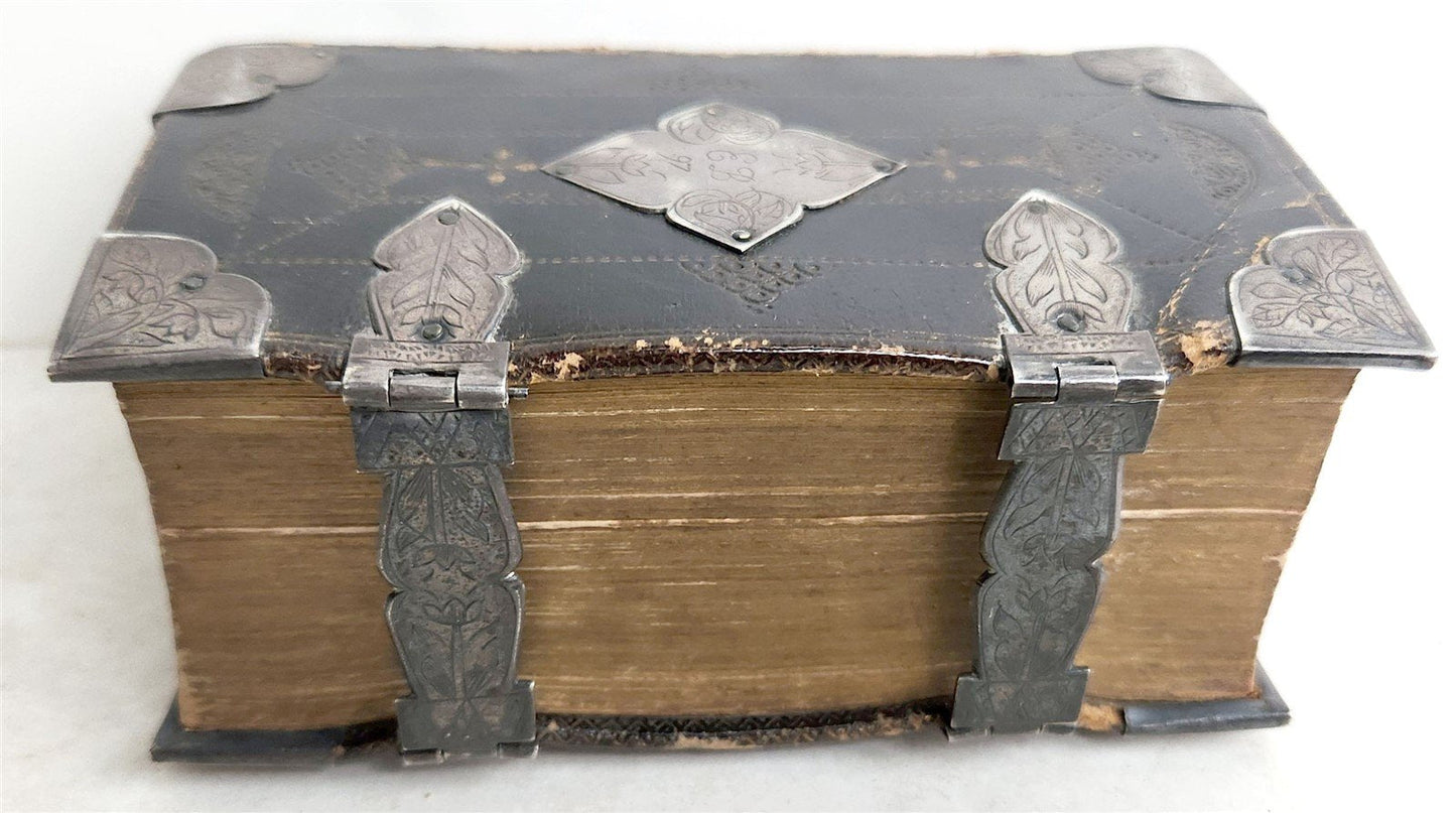1697 BIBLE in ENGLISH OLD & NEW TESTAMENT antique w/ SILVER DECORATIONS & CLASPS