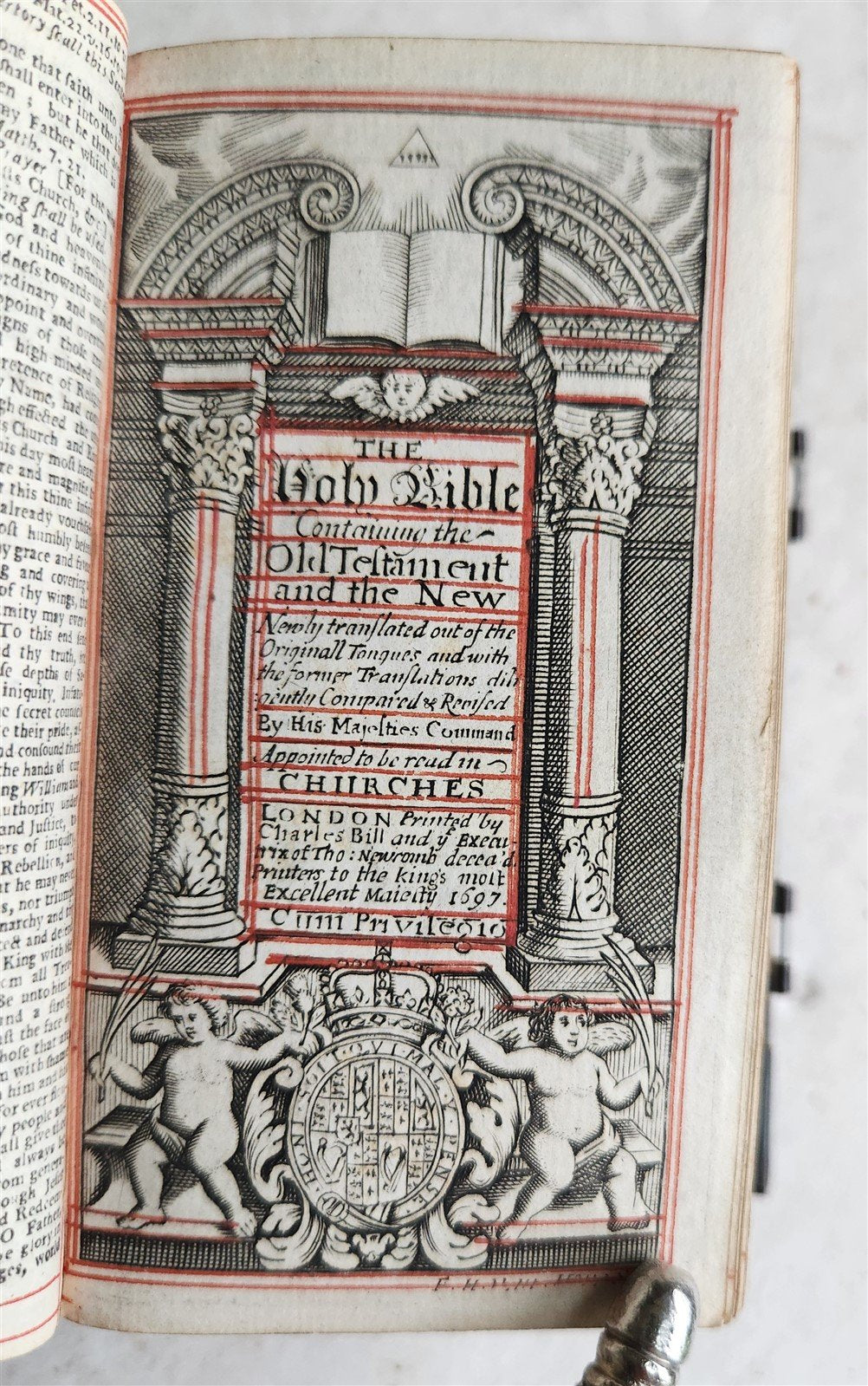 1697 BIBLE in ENGLISH OLD & NEW TESTAMENT antique w/ SILVER DECORATIONS & CLASPS