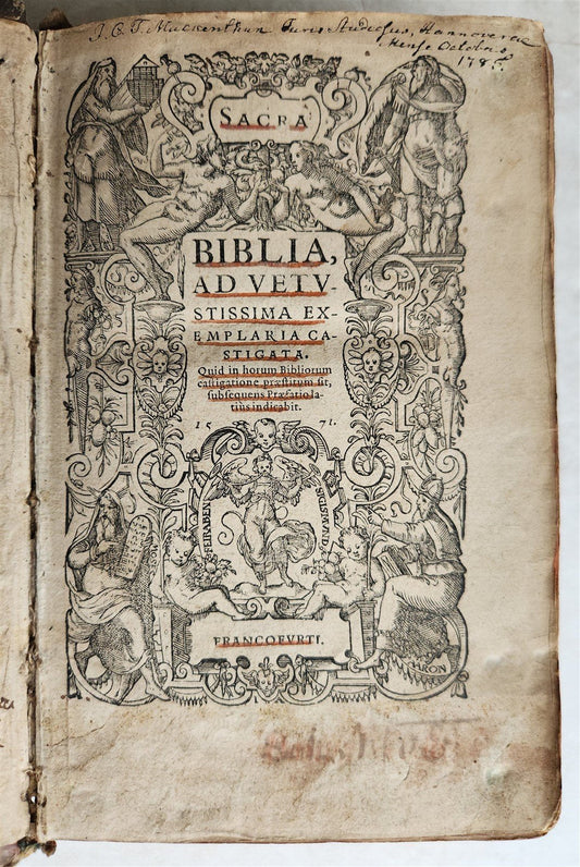 1571 BIBLE in LATIN ILLUSTRATED w/ 135 WOODCUTS antique PIGSKIN w/ METAL CORNERS