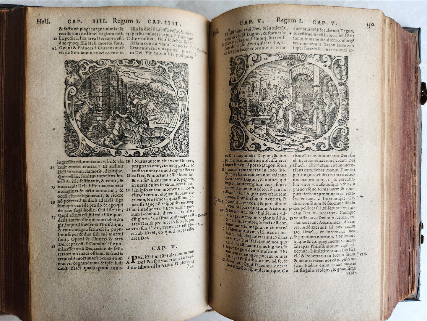 1571 BIBLE in LATIN ILLUSTRATED w/ 135 WOODCUTS antique PIGSKIN w/ METAL CORNERS