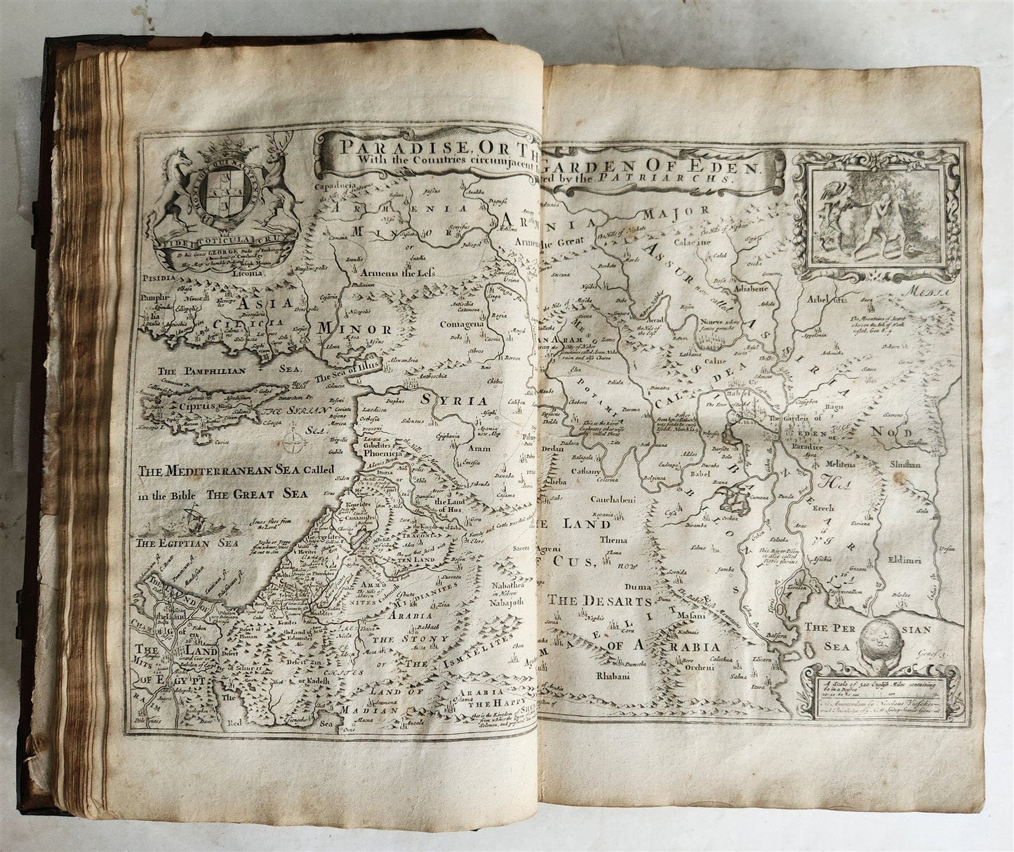 1715 BIBLE in ENGLISH antique ILLUSTRATED w/6 MAPS PIGSKIN FOLIO w/METAL CORNERS