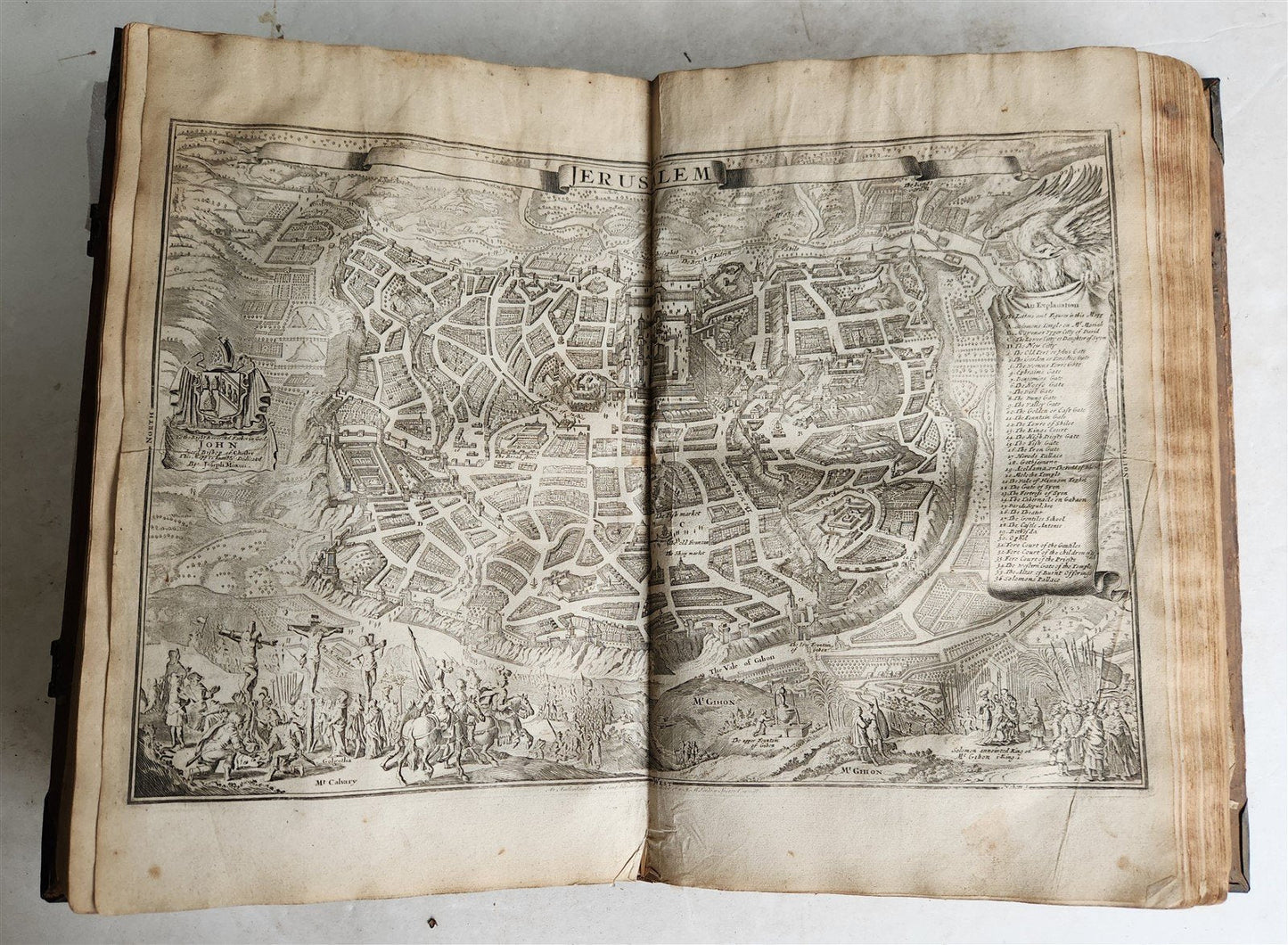 1715 BIBLE in ENGLISH antique ILLUSTRATED w/6 MAPS PIGSKIN FOLIO w/METAL CORNERS