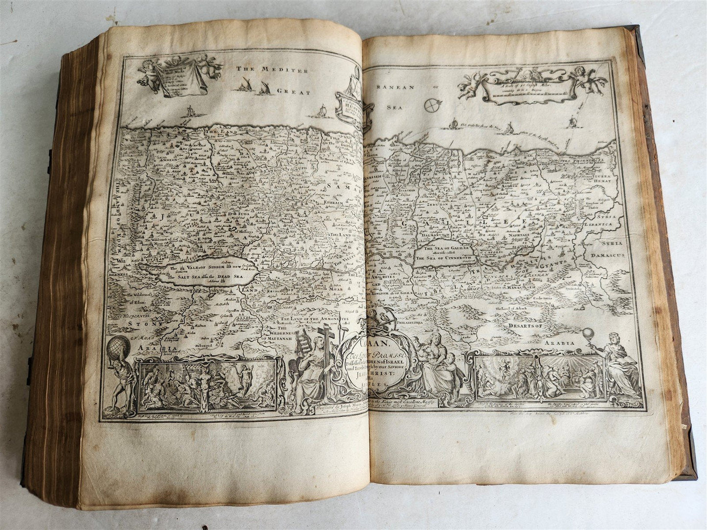 1715 BIBLE in ENGLISH antique ILLUSTRATED w/6 MAPS PIGSKIN FOLIO w/METAL CORNERS