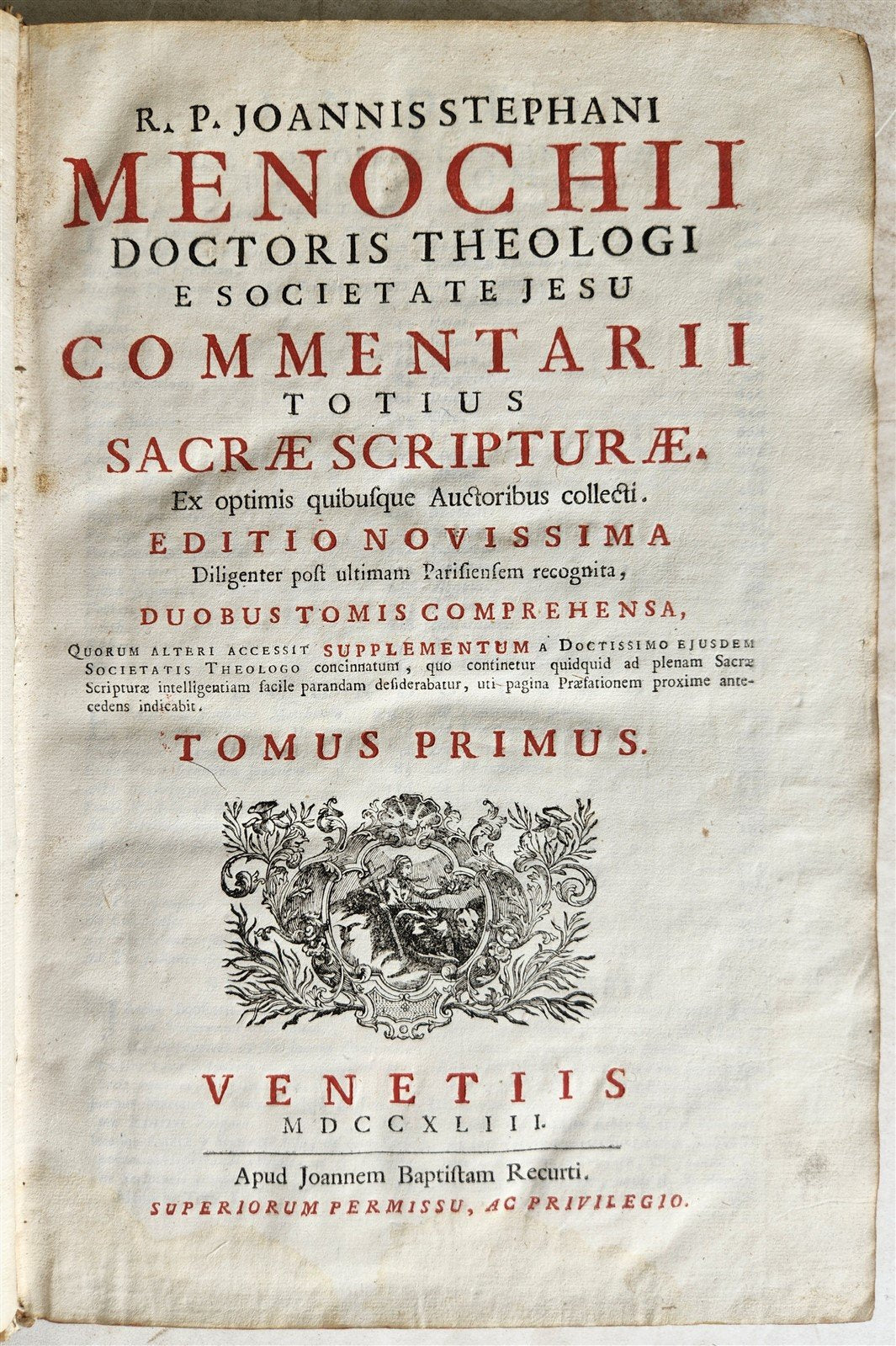 1743 BIBLE COMMENTARY Joannis Stephani Menochius in LATIN VELLUM FOLIO antique