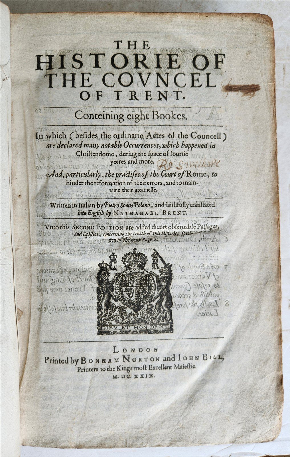 1629 HISTORIE of COUNCIL of TRENT in ENGLISH by N. BRENT FOLIO antique