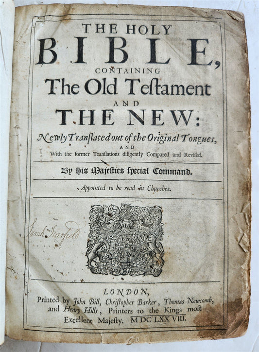 1678 BIBLE in ENGLISH w/ ORIGINAL BINDING antique OLD & NEW TESTAMENT 17th CENT.