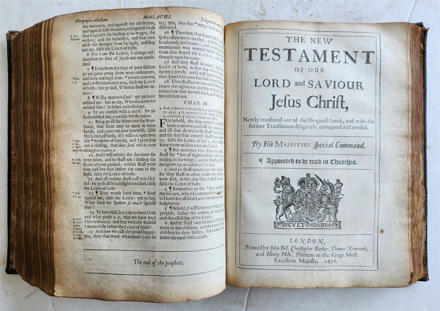 1678 BIBLE in ENGLISH w/ ORIGINAL BINDING antique OLD & NEW TESTAMENT 17th CENT.