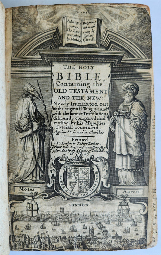 1647 BIBLE in ENGLISH w/ ORIGINAL BINDING antique OLD & NEW TESTAMENT 17th CENT.