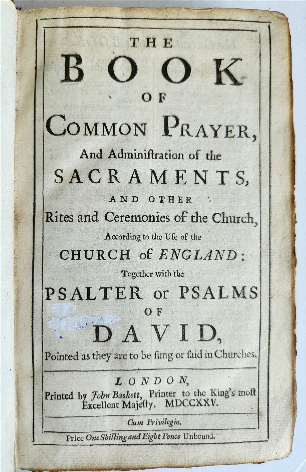 1725 BOOK of COMMON PRAYER w/ PSALTER or PSALMS of DAVID antique in ENGLISH
