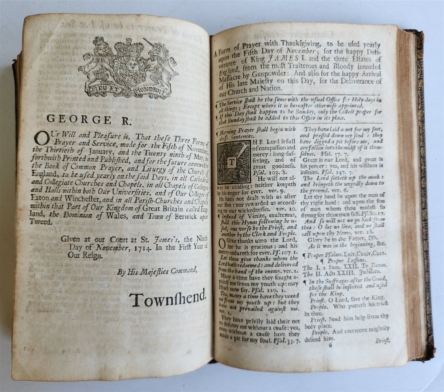1725 BOOK of COMMON PRAYER w/ PSALTER or PSALMS of DAVID antique in ENGLISH